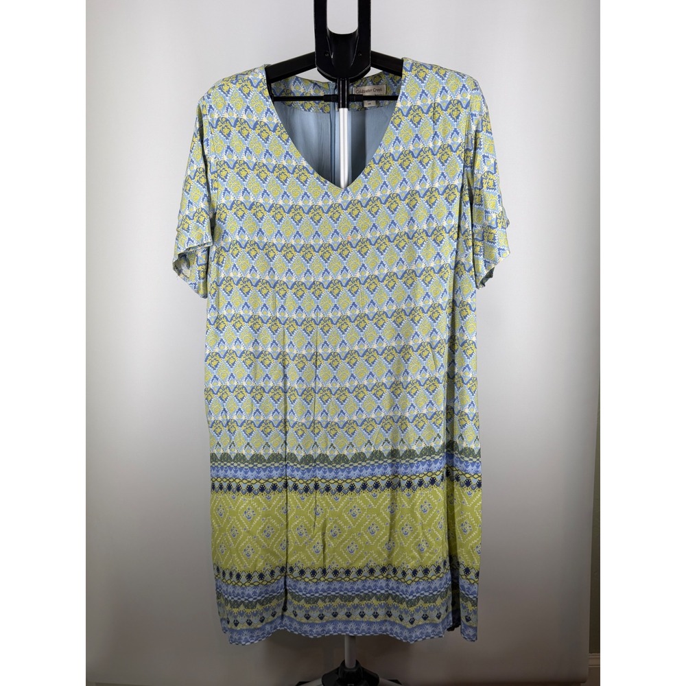 Coldwater Creek Womens Blue Green Ikat Print V-Neck Shift Dress Rayon 2X